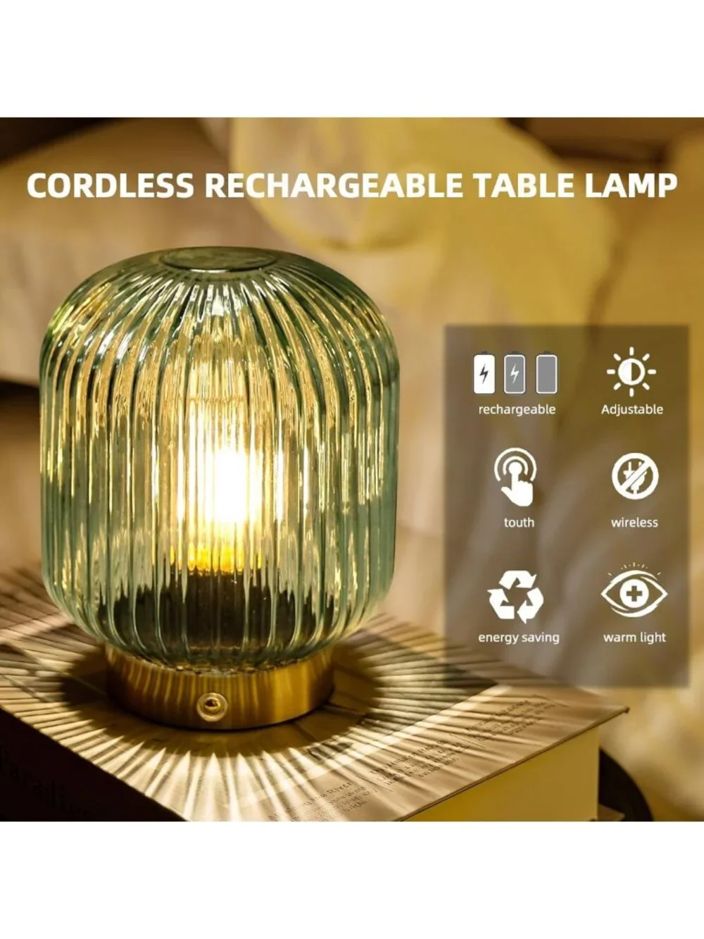 Rechargeable Green Glass Table Lamp with Dimmable Brightness & Memory Function
